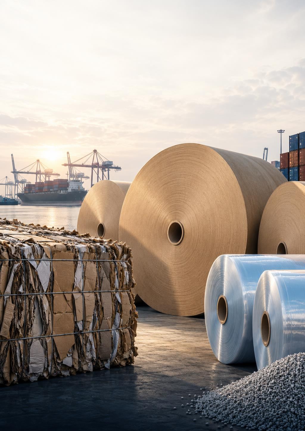 Paper reels and recovered paper bales at a port